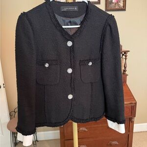 Zara Black Bouclé Blazer with Decorative Jewel Buttons